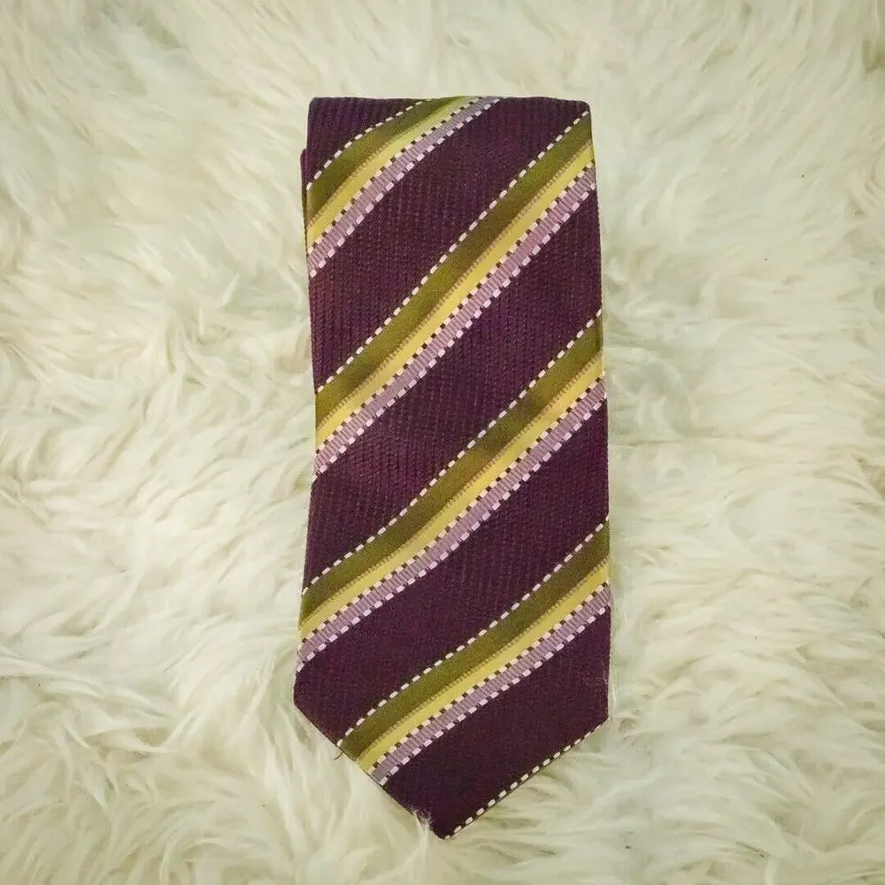 Ermenegildo Zegna Designer Silk Burgundy Green Pink Stripe Print 3.5 Inch Tie